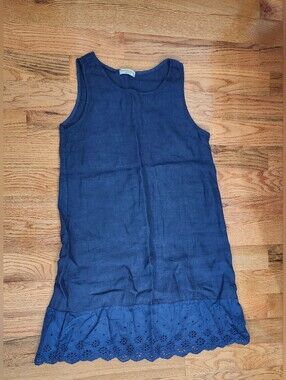 Terzo Millennio  Made In Italy Navy Sleeveless Linen Shift Dress with Eyelet Hem